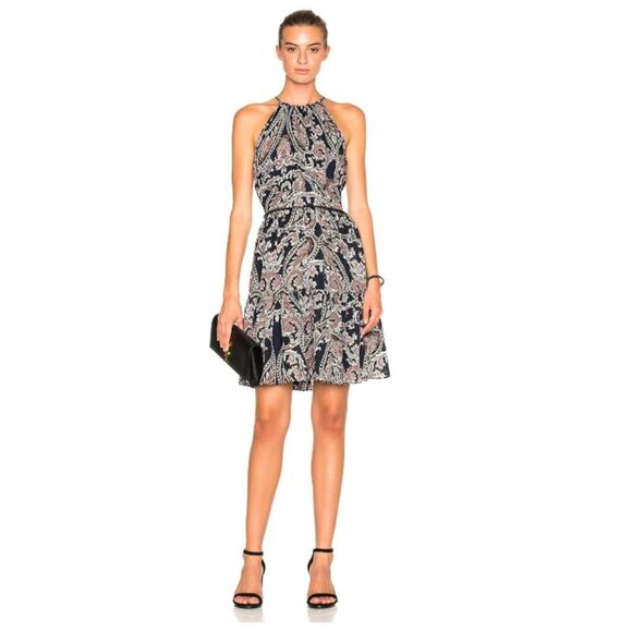 L'AGENCE Alyse Navy Blue Coral Paisley 100% Silk A-Line Tiered Mini Dress Size 6 - Picture 1 of 11